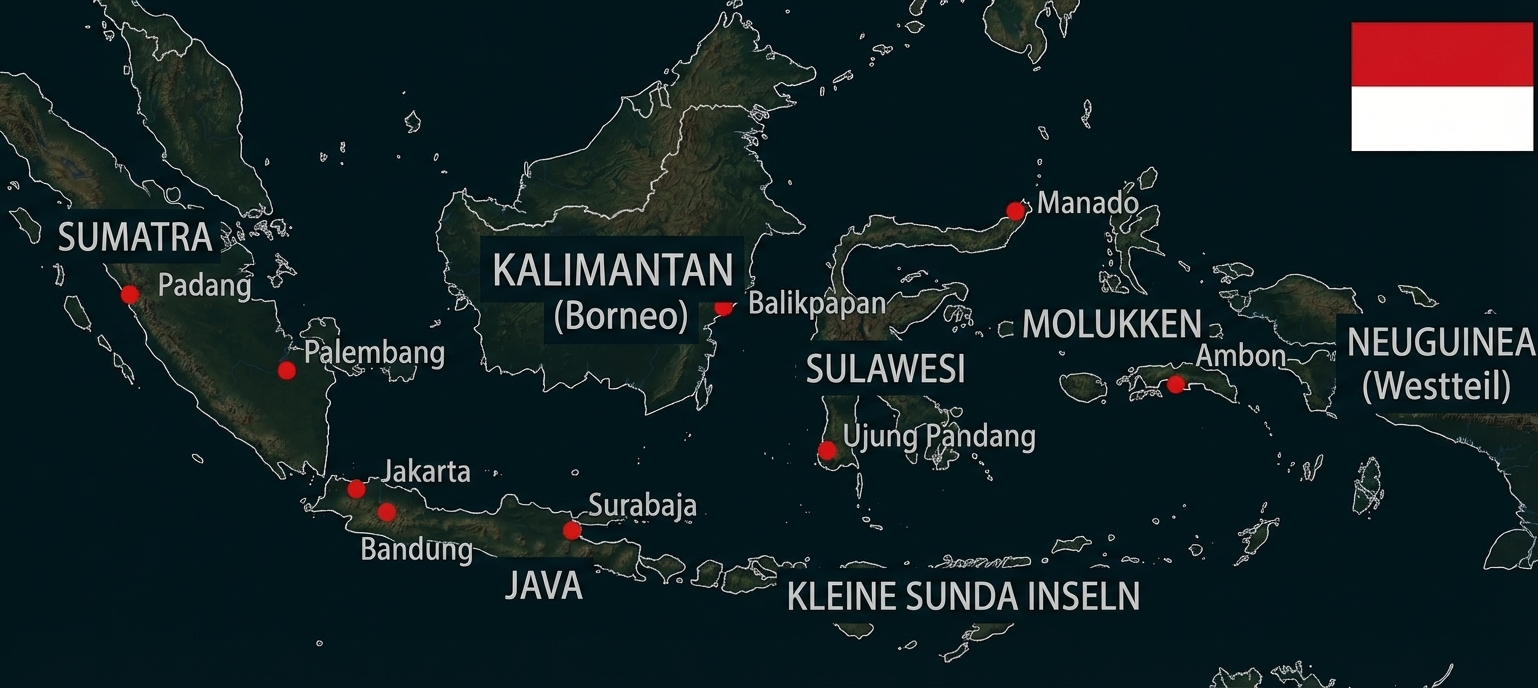 Illustrierte Übersichtskarte des indonesischen Archipels. Gezeigt werden die Hauptinseln Sumatra, Java, Kalimantan, Sulawesi, die Molukken und der westliche Teil von Neuguinea. Rote Markierungen zeigen Städte wie Jakarta, Padang und Manado. Oben rechts ist die indonesische Flagge zu sehen.